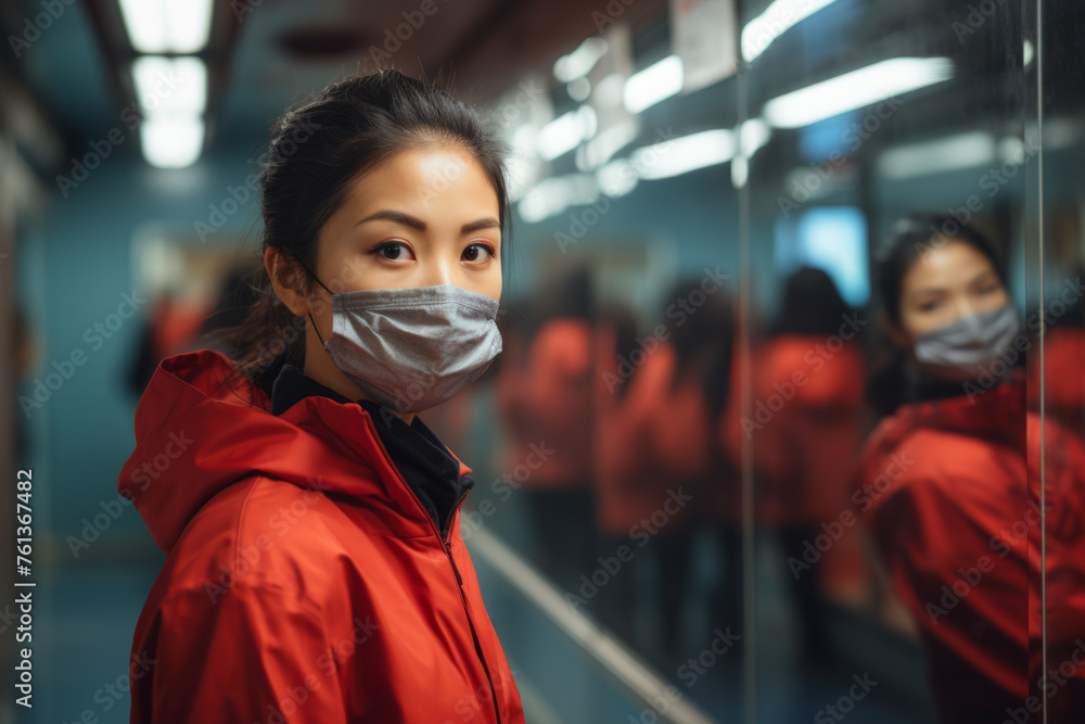 Woman wearing red jacket and mask stands in hallway Woman wearing red jacket and mask stands in hallway