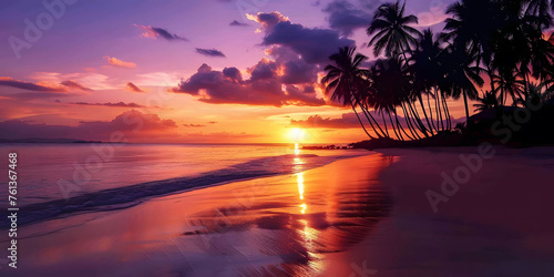 A tropical paradise beach with silhouetted palm trees  photo taken at the sunset  background for travel and holiday