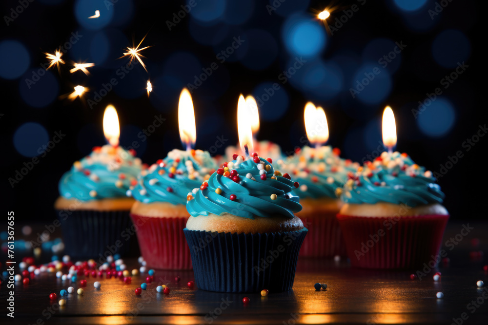 Row of blue cupcakes with sprinkles on top and lit candles Row of blue cupcakes with sprinkles on top and lit candles