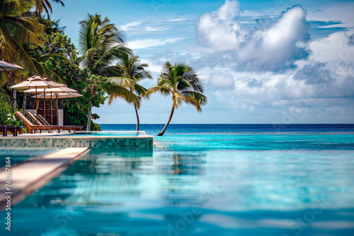 Luxury tropical vacation. Spa hotel swimming pool ocean view background