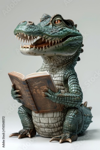 A crocodile character with a book in his hands. 3d illustration. The concept of learning and education