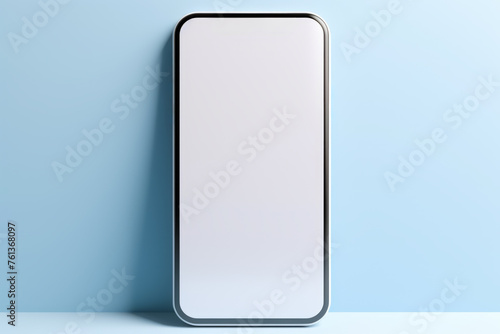 White cell phone is sitting on blue background