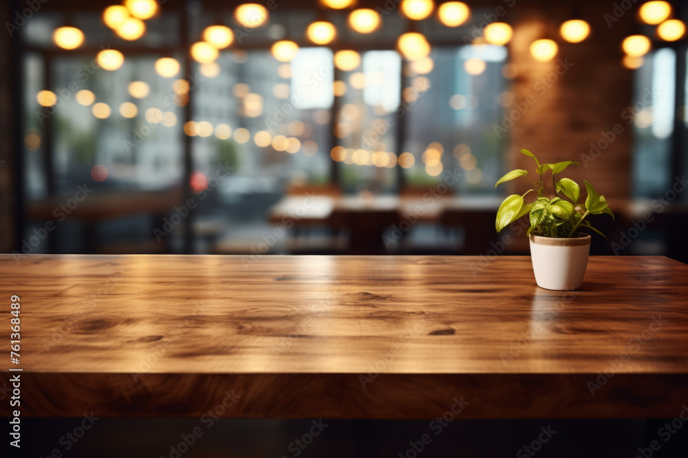 Potted plant sits on wooden table in restaurant