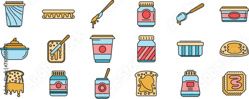 Chocolate paste icons set outline vector. Jar bottle. Chocolate paste thin line color flat isolated