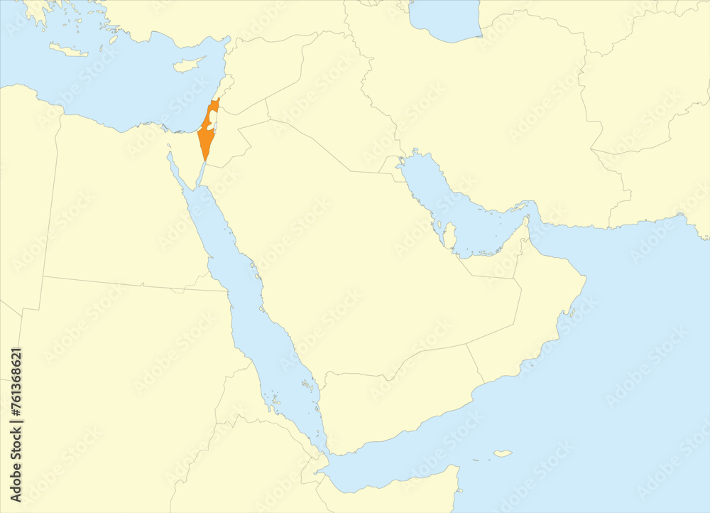  Orange detailed CMYK blank political map of ISRAEL with black national country borders on beige continent background and blue sea surfaces using orthographic projection of the Middle East