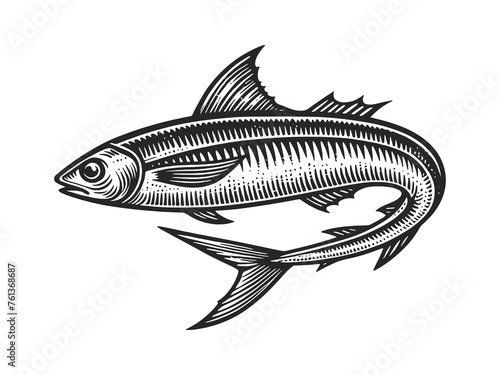 anchovy mackerel fish in a vintage engraving style, suitable for food and fishing themes food sketch engraving generative ai raster illustration. Scratch board imitation. Black and white image.