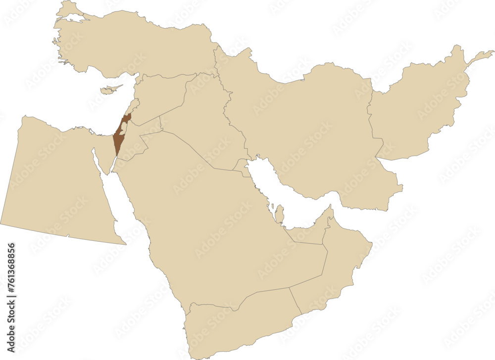 Dark brown detailed CMYK blank political map of ISRAEL with black national country borders on transparent background using orthographic projection of the light brown Middle East