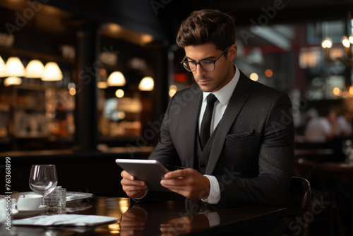 Man in suit is sitting at table with tablet in front of him