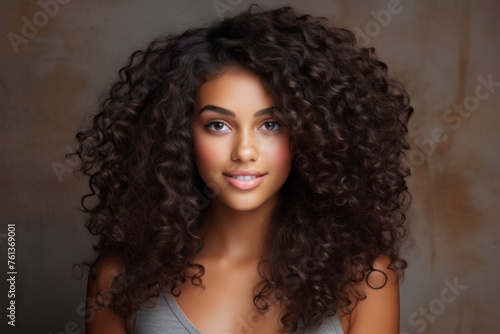 Woman with curly hair is smiling for camera