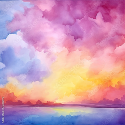 Abstract Watercolor Background with Bright Puffy Clouds in Rainbow Shades of Purple  Orange  Yellow  Blue  and Pink. Colorful Easter Sunset Vivid and Pastel Texture
