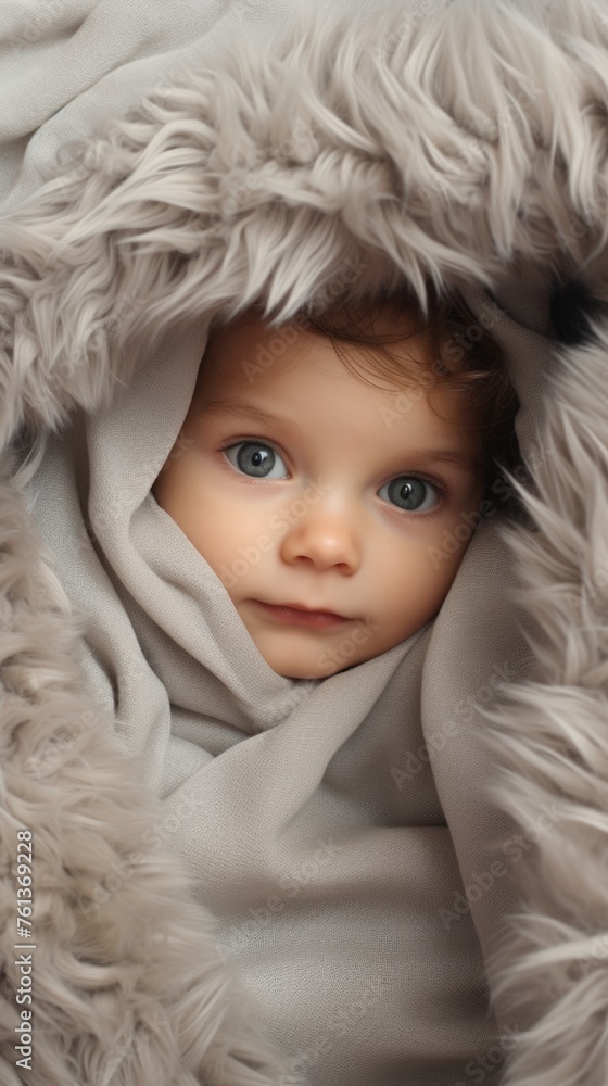 Adorable little baby wrapped in a furry winter coat. Fictional character created by Generated AI. Adorable little baby wrapped in a furry winter coat. Fictional character created by Generated AI.
