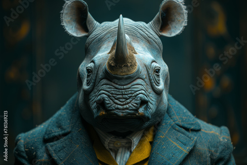 A suited professional with a rhinoceros head as a symbol of determination and perseverance in achieving goals. Concept of tenacity in business. Generative Ai.