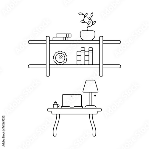 Bookshelves with table vector icon. Linear concept of home furniture icons. Outline of a book table. Workplace vector. Computer desk nightstand vector. A lamp on a bedside table.