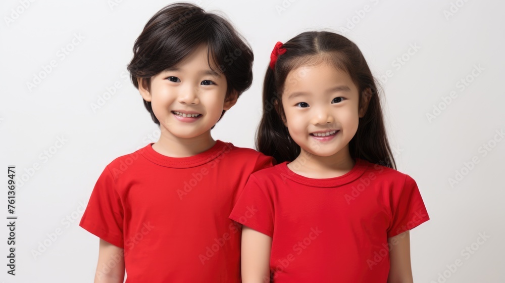 Adorable Children Wearing Red Outfits and Smiling Brightly for a Photo. Fictional character created by Generated AI. Adorable Children Wearing Red Outfits and Smiling Brightly for a Photo. Fictional character created by Generated AI.