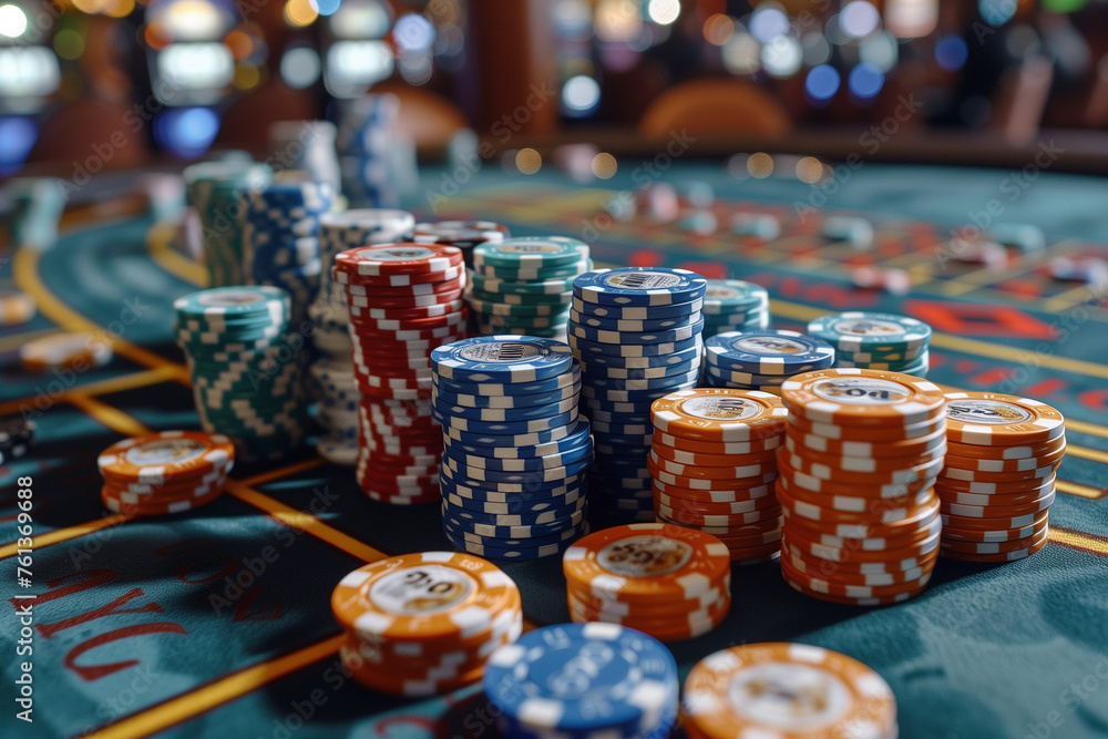 Playing chips bet lie on the poker table fortune and win in the casino Playing chips bet lie on the poker table fortune and win in the casino