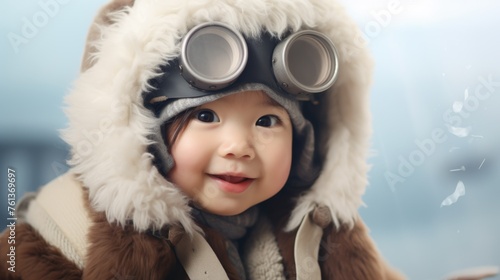 Adorable Baby wearing a snow fur-lined jacket and goggles, looking happy and cute. Fictional character created by Generated AI.  photo