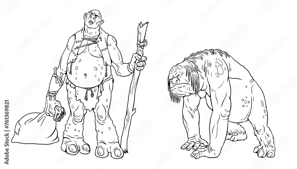 Fototapeta premium Fantasy trolls drawing. Giant cannibal troll coloring template. 