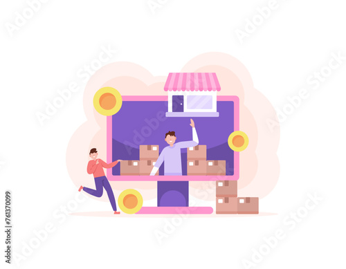 Reseller and distributor concept. retail business, online store, marketplace or e-commerce. online shopping. wholesale goods center. Sellers welcome and serve customers. flat style illustration design