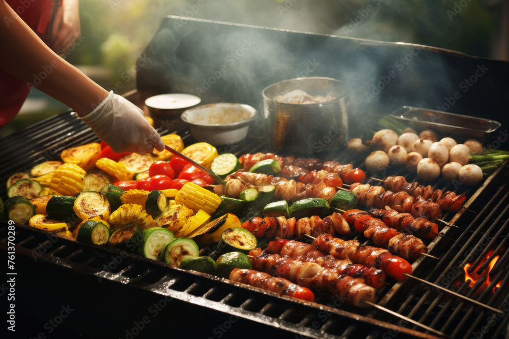 Person is cooking food on grill, including vegetables and meat