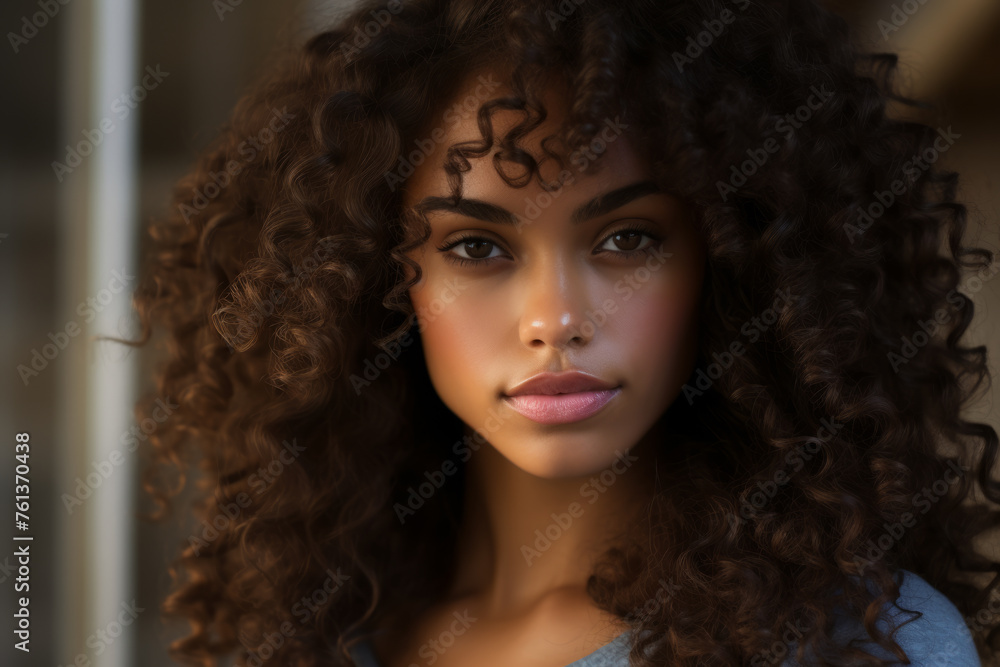 Fototapeta premium Woman with curly hair is smiling at camera