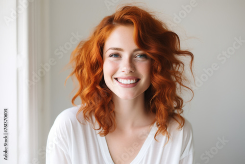 Woman with red hair is smiling and wearing white shirt