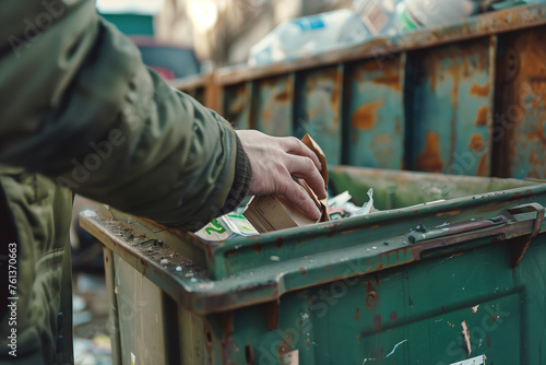 Ecological paper recycling bins, throwing cardboard waste in the bin