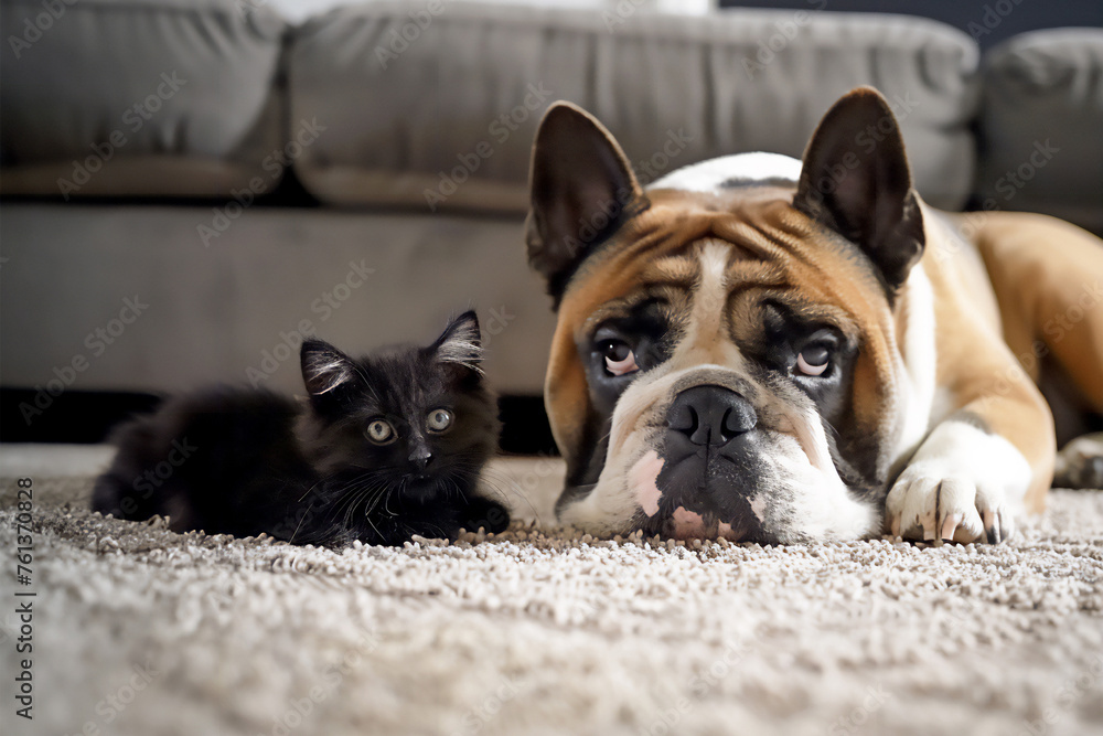 A French bulldog and a black kitten lie together on a white carpet in a room near the sofa.