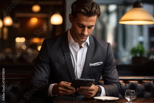 Man in suit is sitting at table with tablet in his hand