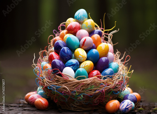 basket, fulfilled, colorful, Easter, eggs, isolated, background, garden, nature, abstract, big, enormous, egg, colored, lines, generative, AI. rabbit bunny cookies chocolate shapes.
