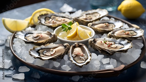 A platter of fresh oysters served on a bed of ice with lemon wedges and mignonette sauce --ar 3:2 --v photo