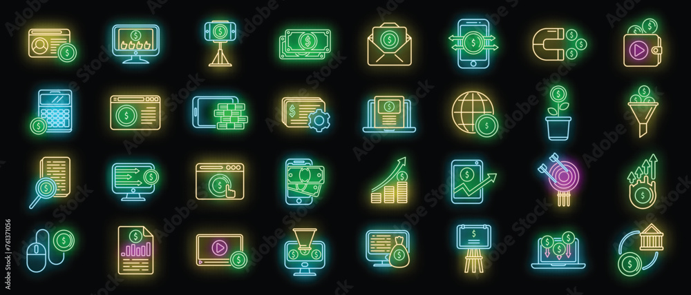 Monetization icons set outline vector. Data money. Business blog neon color isolated Monetization icons set outline vector. Data money. Business blog neon color isolated
