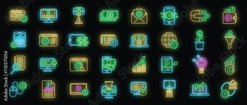 Monetization icons set outline vector. Data money. Business blog neon color isolated