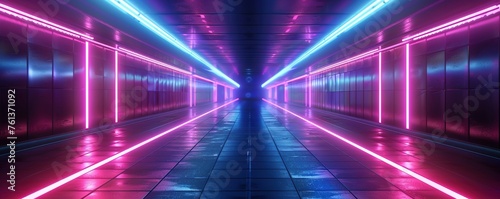 abstract background of futuristic corridor with purple and blue neon lights