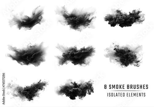 8 Black Smoke Brushes On Transparent Background. Generative ai