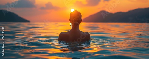 Back view of unrecognizable female silhouette standing in rippling sea water and enjoying sunset over mountains © Павел Озарчук