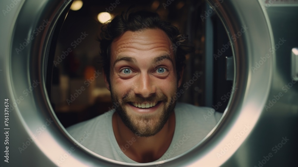 Man is smiling and looking into washing machine Man is smiling and looking into washing machine