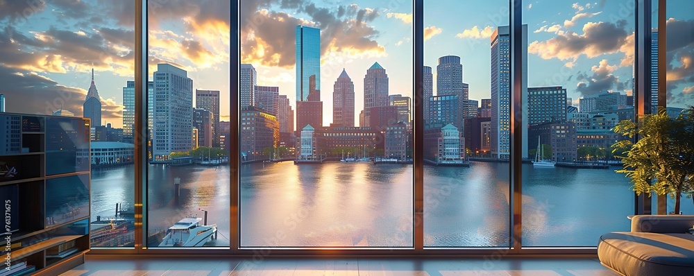 Boston city skyline Modern Seaport District video window view - obrazy, fototapety, plakaty 