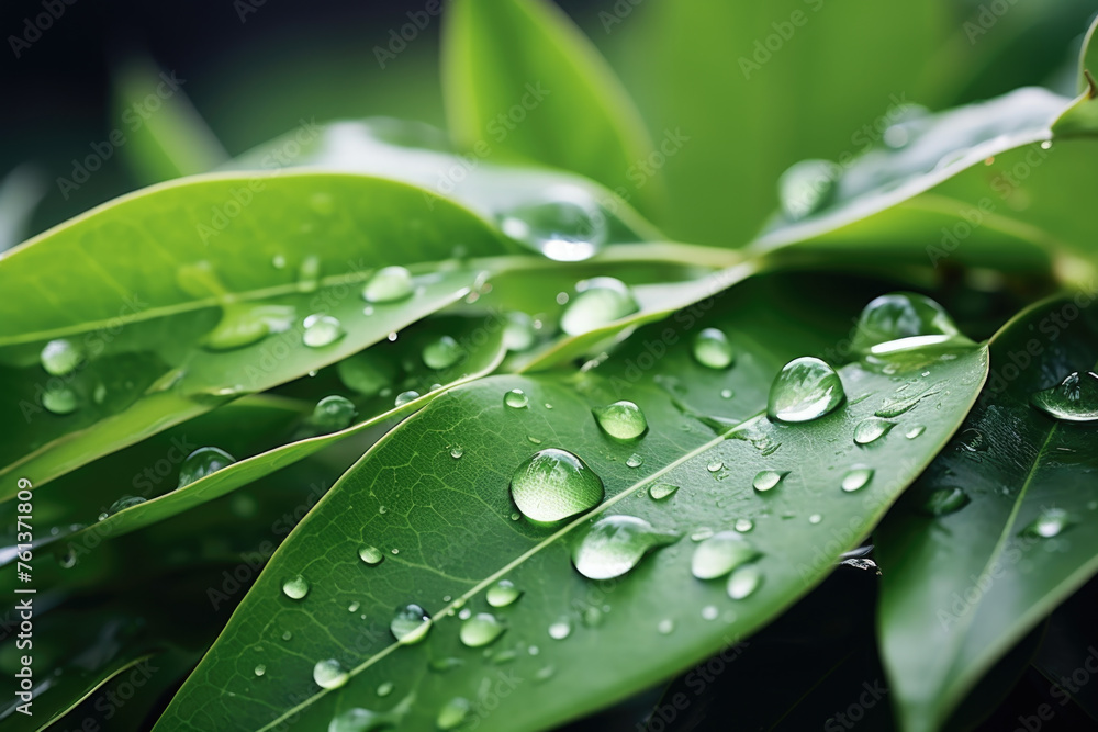 Leaf is wet and shiny, with droplets of water on it Leaf is wet and shiny, with droplets of water on it