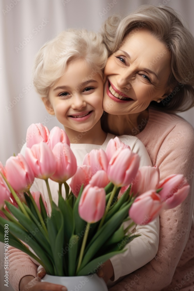 A Mother's Love - Older Woman Hugging a Young Child. Fictional character created by Generated AI. A Mother's Love - Older Woman Hugging a Young Child. Fictional character created by Generated AI.