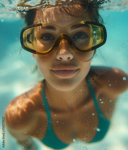 beautiful slender girl swims underwater in an underwater mask