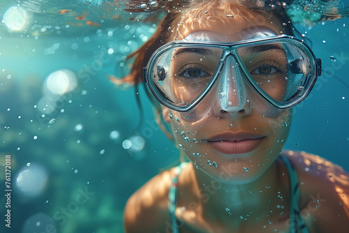 beautiful slender girl swims underwater in an underwater mask