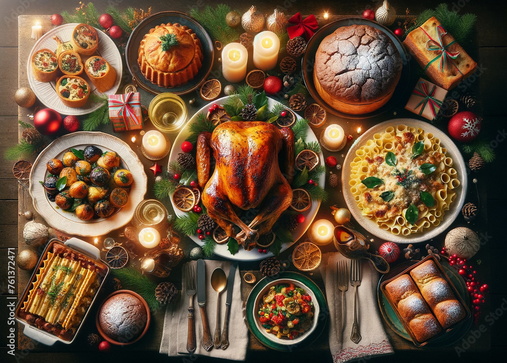 Top-down view of a Christmas dinner, featuring roasted turkey with herbs, lasagna, vegetable gratin, and panettone, set in a warm, festive setting