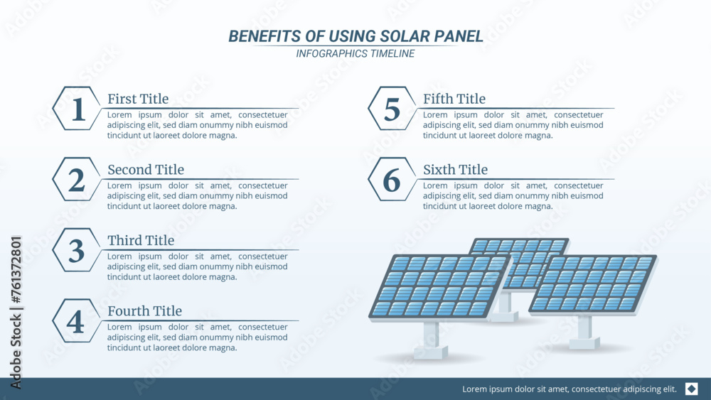 Benefits of Using Solar Panel Infographic with 6 Options and Editable Text on a 16:9 Ratio. - obrazy, fototapety, plakaty 