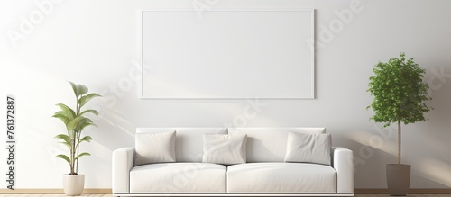 A building with white couch, plant, and picture on grey wall. Furniture and wood elements create a comfortable interior design in a rectangle space