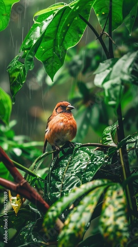 Eurasian chaffinch perching in rainforest photo