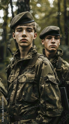 emotionless young soldiers in military uniform standing in a forest and looking at camera