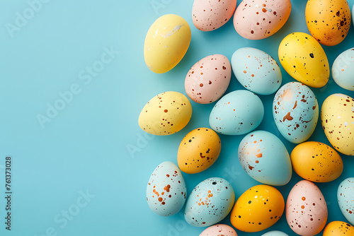 Cheerful Easter background with colorful eggs, spring flowers, and delicate decorations, ideal for festive designs