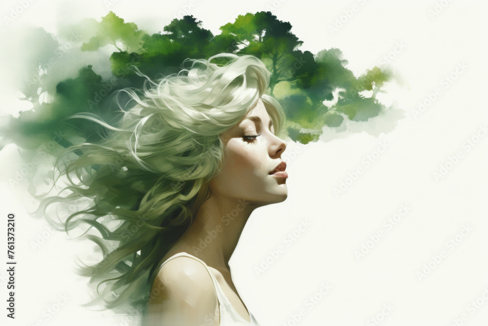 Woman with long blonde hair is shown in painting of tree
