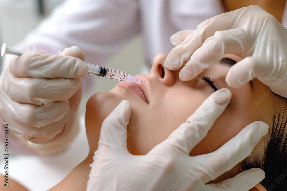 Close up of a calm lady lying with her eyes closed during the lip augmentation injection Close up of a calm lady lying with her eyes closed during the lip augmentation injection