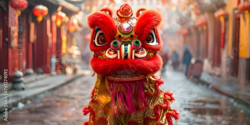 Vibrant Chinese New Year street festival with a lifesize red dragon puppet. Concept Chinese New Year Festival, Street Performances, Red Dragon Puppet, Vibrant Decorations, Cultural Celebrations photo